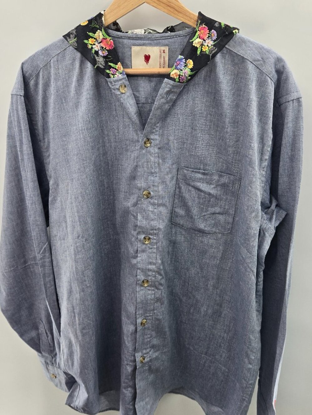 Emotionally Unavailable Chambray Made In Japan Floral Hooded Button Up Shirt XL